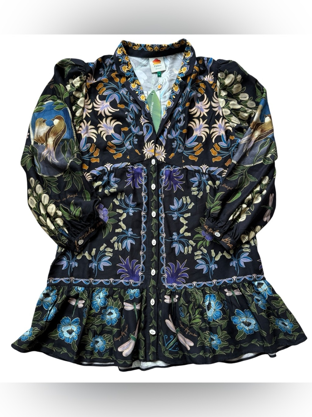 NWT FARM Rio Winter Garden Mini Dress XL Bird Floral Puff Sleeve Boho Dress $248 - Picture 5 of 16